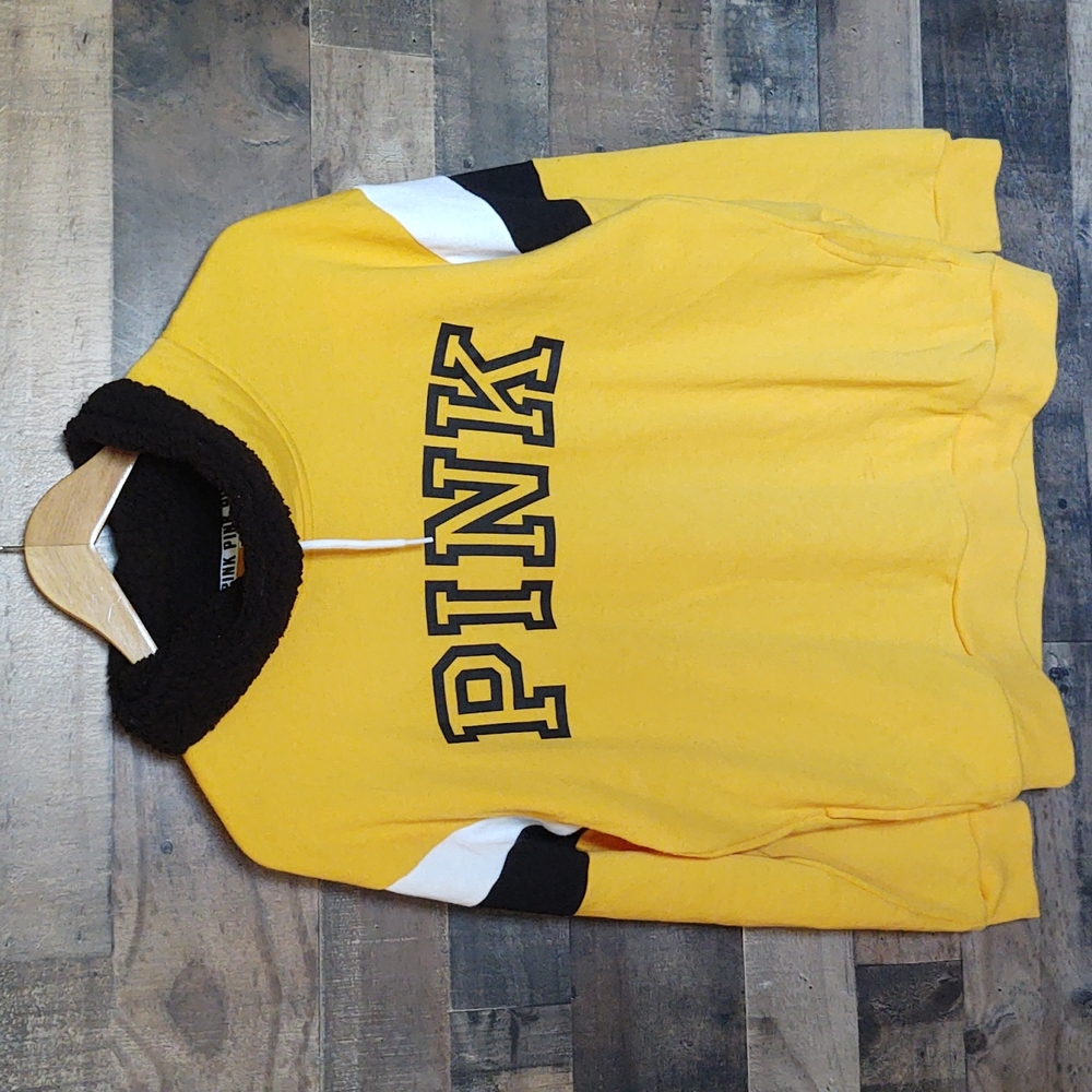 PINK VS  Yellow Campus Varsity Sherpa Collar Pullover Sweater sz Small women's